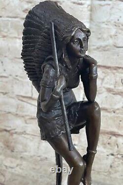 Art Déco Western Travail Native Indien Femme Ouvre 100% Solide Bronze Statue