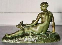 Art nouveau sculpture Femme nue + chien signé L Riché Woman + dog signed Riché
