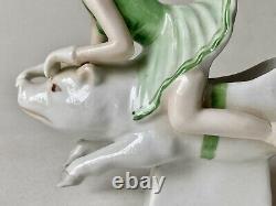 Baguier en Porcelaine Polychrome Art Déco Femme Chevauchant un Cochon Érotique