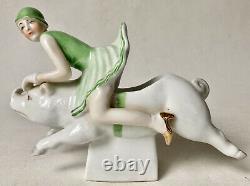 Baguier en Porcelaine Polychrome Art Déco Femme Chevauchant un Cochon Érotique