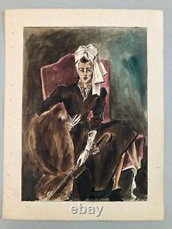 Beau Dessin 1945 Gouache Sur Papier Femme Chapeau Mode Prêt À Porter Art Deco