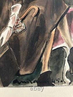 Beau Dessin 1945 Gouache Sur Papier Femme Chapeau Mode Prêt À Porter Art Deco