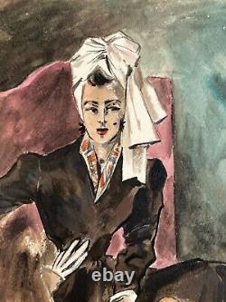 Beau Dessin 1945 Gouache Sur Papier Femme Chapeau Mode Prêt À Porter Art Deco