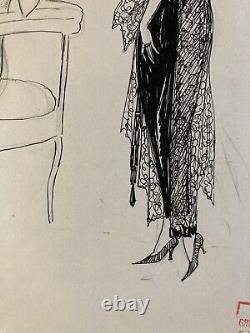 Beau Dessin Encre Art Deco 1945 Sur Papier Femme Collection Lily Greenham Mode