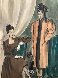 Beau Dessin Gouache 1945 Sur Papier Femme Chapeau Mode Prêt À Porter Art Deco