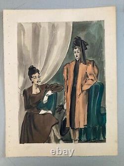 Beau Dessin Gouache 1945 Sur Papier Femme Chapeau Mode Prêt À Porter Art Deco