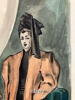 Beau Dessin Gouache 1945 Sur Papier Femme Chapeau Mode Prêt À Porter Art Deco