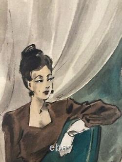 Beau Dessin Gouache 1945 Sur Papier Femme Chapeau Mode Prêt À Porter Art Deco