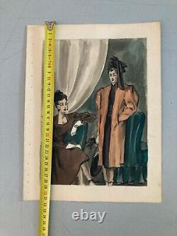 Beau Dessin Gouache 1945 Sur Papier Femme Chapeau Mode Prêt À Porter Art Deco