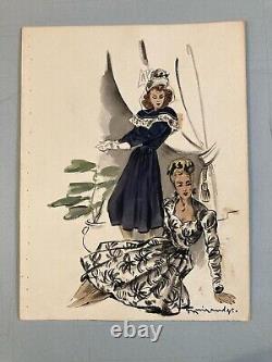 Beau Dessin Gouache Art Deco 1945 Sur Papier Femme Chapeau Mode Prêt À Porter