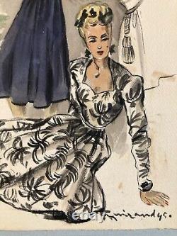 Beau Dessin Gouache Art Deco 1945 Sur Papier Femme Chapeau Mode Prêt À Porter