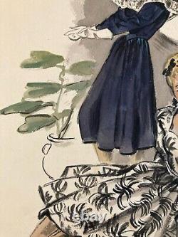 Beau Dessin Gouache Art Deco 1945 Sur Papier Femme Chapeau Mode Prêt À Porter