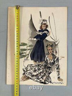 Beau Dessin Gouache Art Deco 1945 Sur Papier Femme Chapeau Mode Prêt À Porter