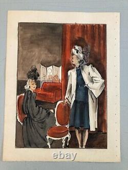 Beau Dessin Gouache Sur Papier Femme 1945 Chapeau Mode Prêt À Porter Art Deco