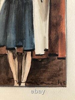 Beau Dessin Gouache Sur Papier Femme 1945 Chapeau Mode Prêt À Porter Art Deco