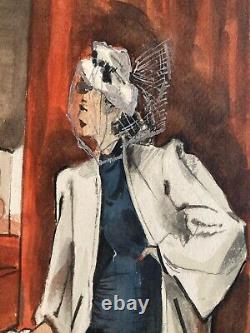 Beau Dessin Gouache Sur Papier Femme 1945 Chapeau Mode Prêt À Porter Art Deco