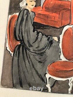 Beau Dessin Gouache Sur Papier Femme 1945 Chapeau Mode Prêt À Porter Art Deco