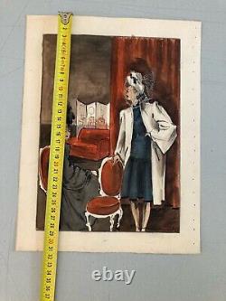 Beau Dessin Gouache Sur Papier Femme 1945 Chapeau Mode Prêt À Porter Art Deco