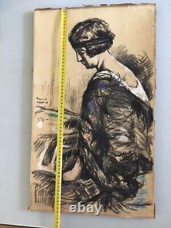 Beau Dessin Peinture Fusain Jeune femme Art Deco Portrait Raymond Charlot 1930