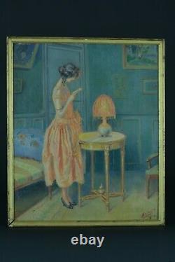 Beau Tableau Ancien Art deco de Jeune femme élégante lisant salon sv ENJOLRAS