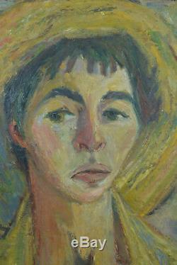 Beau tableau Portrait Jeune femme au Chapeau Jaune Art deco Expressionniste 1930