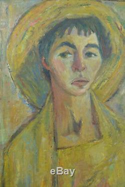 Beau tableau Portrait Jeune femme au Chapeau Jaune Art deco Expressionniste 1930