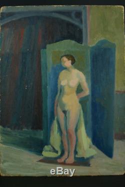 Beau tableau art deco jeune femme Nue dans l'atelier Paravent Rolland Rotges1930