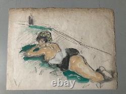 Belle Peinture Erotique Voyeur Gouache Sur Papier Femme Nu Nue Plage 1950