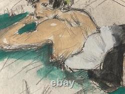 Belle Peinture Erotique Voyeur Gouache Sur Papier Femme Nu Nue Plage 1950