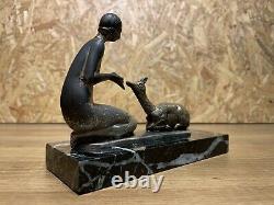 Belle Sculpture Bronze Socle Marbre Année 1930 Art Deco Femme A La Biche