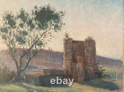 Belle peinture huile panneau bois 1900 paysage impressionniste femme Au Puis Art