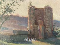 Belle peinture huile panneau bois 1900 paysage impressionniste femme Au Puis Art