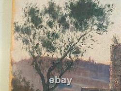 Belle peinture huile panneau bois 1900 paysage impressionniste femme Au Puis Art