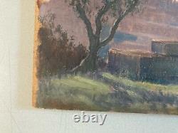 Belle peinture huile panneau bois 1900 paysage impressionniste femme Au Puis Art