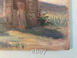 Belle peinture huile panneau bois 1900 paysage impressionniste femme Au Puis Art