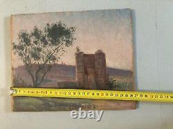 Belle peinture huile panneau bois 1900 paysage impressionniste femme Au Puis Art