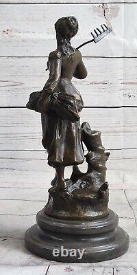 Bronze Marbre Paysan Femme Sculpture Par Desmeure Art Déco Cadeau