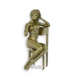 Bronze Moderne Art Deco Statue Sculpture Nue Erotique Femme Chaise BE-75