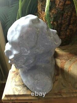 Buste Jeune Femme Art Déco en terre cuite émaillée bleu signé dlg Bouraine TBE