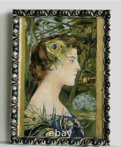 Cadre Art Deco Bois Argente Peinture Huile Portrait Femme Feuille D'or