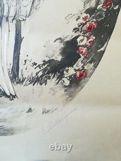 Crayon aquarelle papier litho 1920's ART DECO femme E. NAUDY ALFRED Renaudin