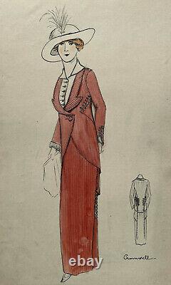 Cromwell DESSIN ORIGINAL Aquarelle MODE Haute Couture ART DECO Femme 1912