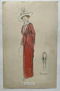 Cromwell DESSIN ORIGINAL Aquarelle MODE Haute Couture ART DECO Femme 1912