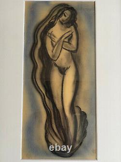 Curiosa femme dessin fusain années 1930 1940 Vénus nue au coquillage