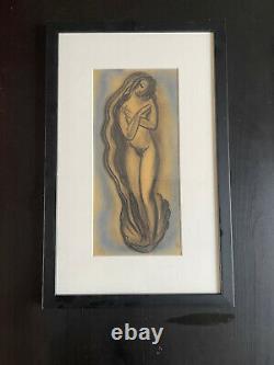 Curiosa femme dessin fusain années 1930 1940 Vénus nue au coquillage
