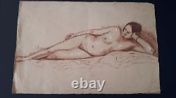 Curiosa grand dessin orignal nu féminin sanguine portrait femme Art Déco 1940