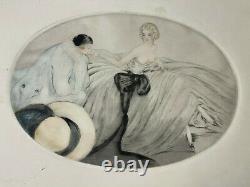 Curiosa rare grande gravure signée Fonseca jeune femme nue & Pierrot Art Déco