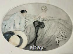 Curiosa rare grande gravure signée Fonseca jeune femme nue & Pierrot Art Déco