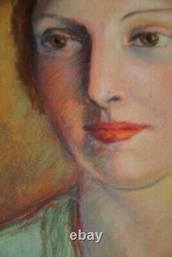 Début XXe Grand Portrait de Femme 57x72cm Dessin Pastel ART DECO papier FRANCE