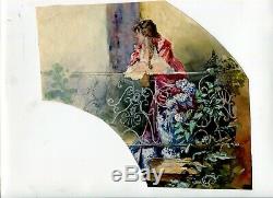 Dessin Ancien Original Femme, Balcon, Projet, Éventail